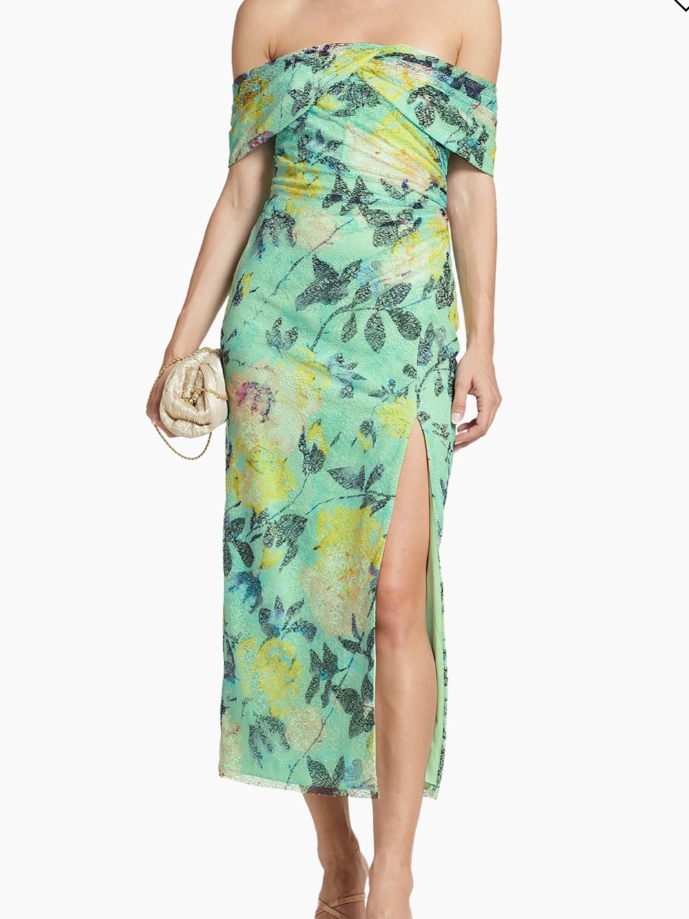 Monique Lhuillier Allie Floral Lace Off Shoulder Midi Dress Wild Rose 4 NWT